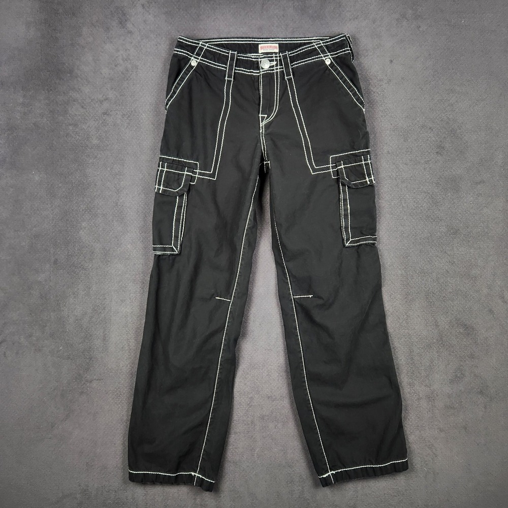 True Religion Military Cargo Big T Pants Womens 25 Black Contrast Stitch Y2K